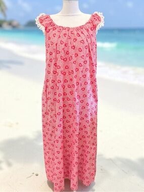 VTG Princess Kaiulani Sz S/M Red Eyelet Ruffle Sleeve Hawaiian Muumuu Dress Maxi
